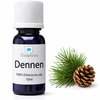 Donkerblauwe fles met Slaaploos Dennen 100% Etherische olie 10ml, met een dennentak en dennenappel ernaast op een witte achtergrond.
