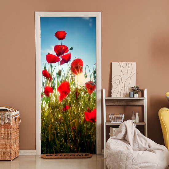 Sticker pour porte Coquelicots - Toscane - Soleil - Rouge - Blauw - 75x205 cm - Affiche de porte