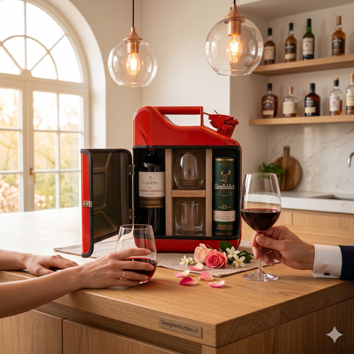 His & Hers Giftset - Rood - Stijlvolle Jerrycan 10L - Inclusief 2 Glazen - Uniek Cadeau voor Koppels en Vrienden - Perfect voor Mancave of Thuisbar