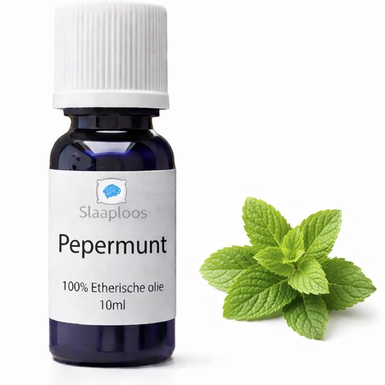 Flesje Slaaploos Pepermunt 100% Etherische olie, met een takje verse pepermuntblaadjes ernaast.