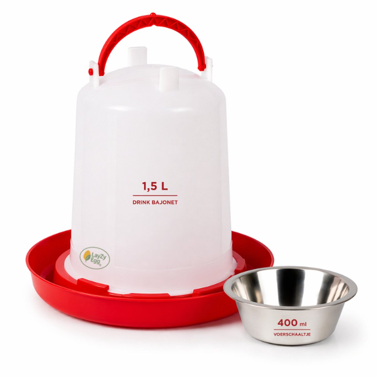 LayZyEgg® Voer- en Drinkset – RVS Voerbak 400 ml + Bajonet Drinkbak 1,5L – Kuikens, Kwartels & Kippen