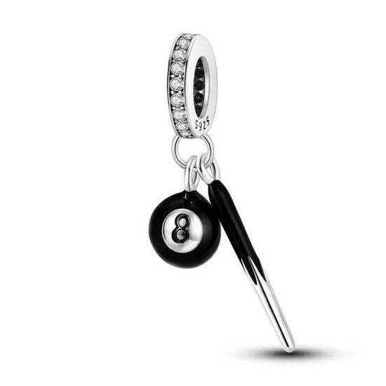 Fler® | Bedel | Past op populaire bedelarmbanden (standaard - 3mm) | Biljart Keu en 8-Bal | Hangbedel Charm | 925 sterling zilver | Transparante zirkonia | Zwarte emaille | Valenti