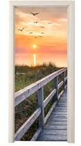 Sticker pour porte Coucher de soleil - Mer - Chemin - Herbe - Dune - Vogels - 85x215 cm - Door Poster