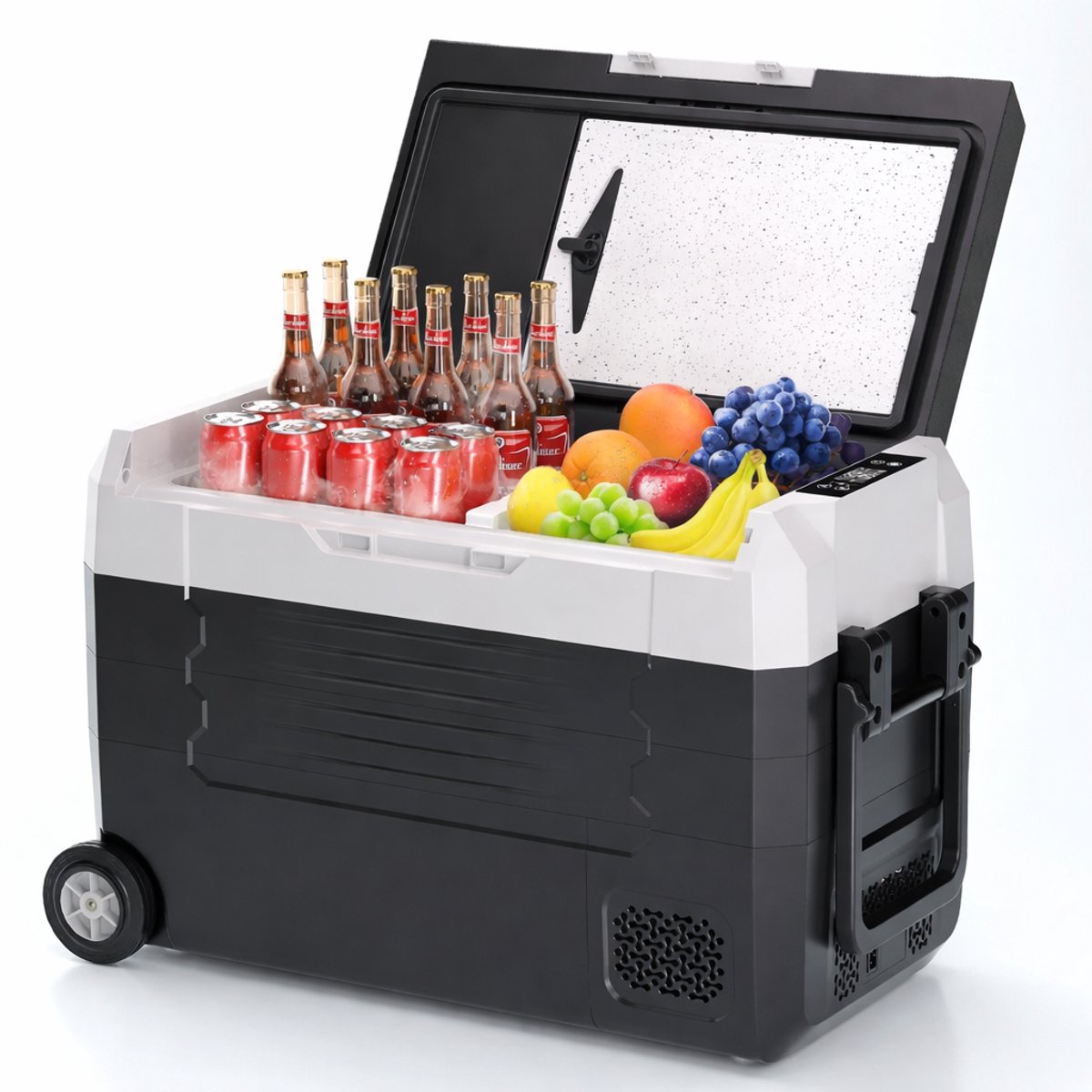 Sello! 45L koelbox – koelkast – frigobox – dubbele zone – koelen – vriezen – 12 en 230 volt – wielen – bluetooth – ledv – zwart