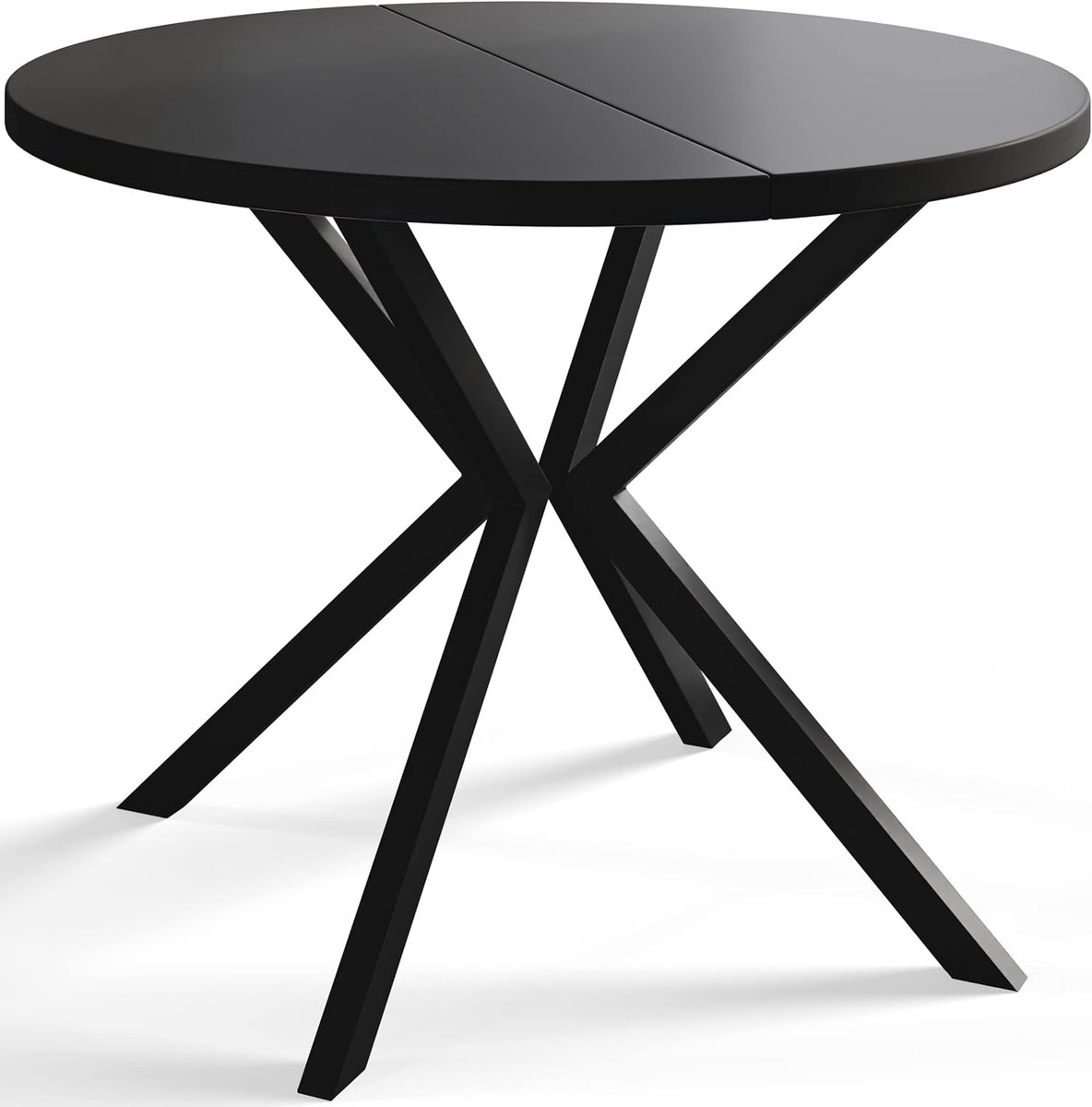 Uitschuifbare Ronde Eettafel 120-200 cm x 76 cm – Zwarte Moderne Eetkamertafel met Zwarte Metalen Kruispoot – Luxe Design Tafel voor 4-8 Personen – Krasbestendig & Ruimtebesparend – Laura