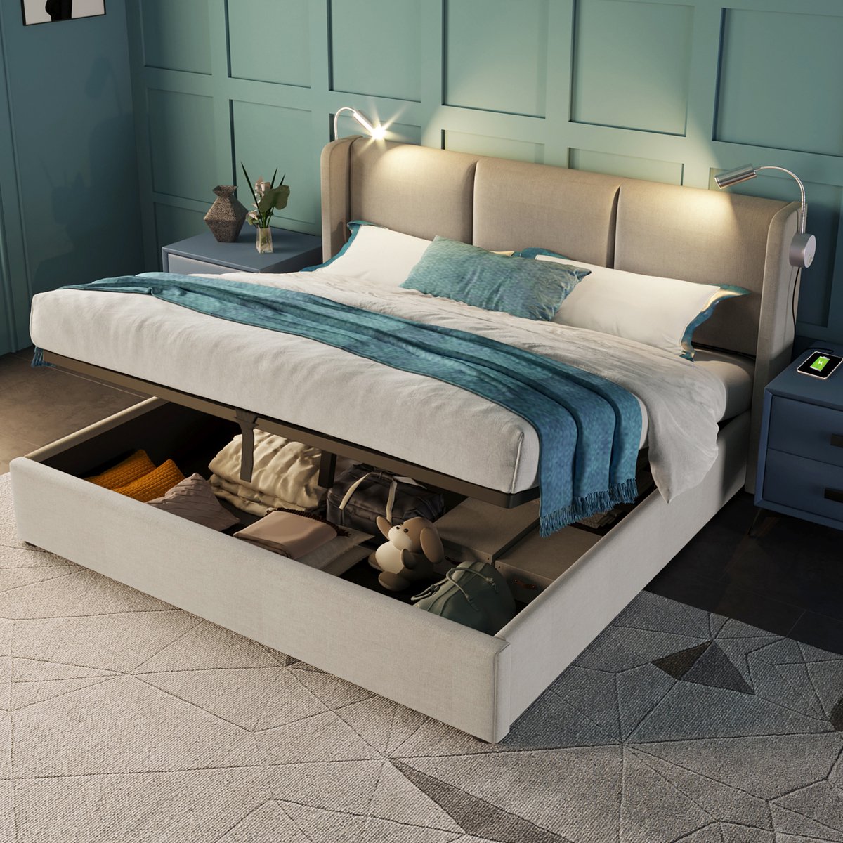 MODFU Gestoffeerd Tweepersoonsbed – 160x200 cm – Leeslamp & USB – Opbergruimte – Linnen – 
