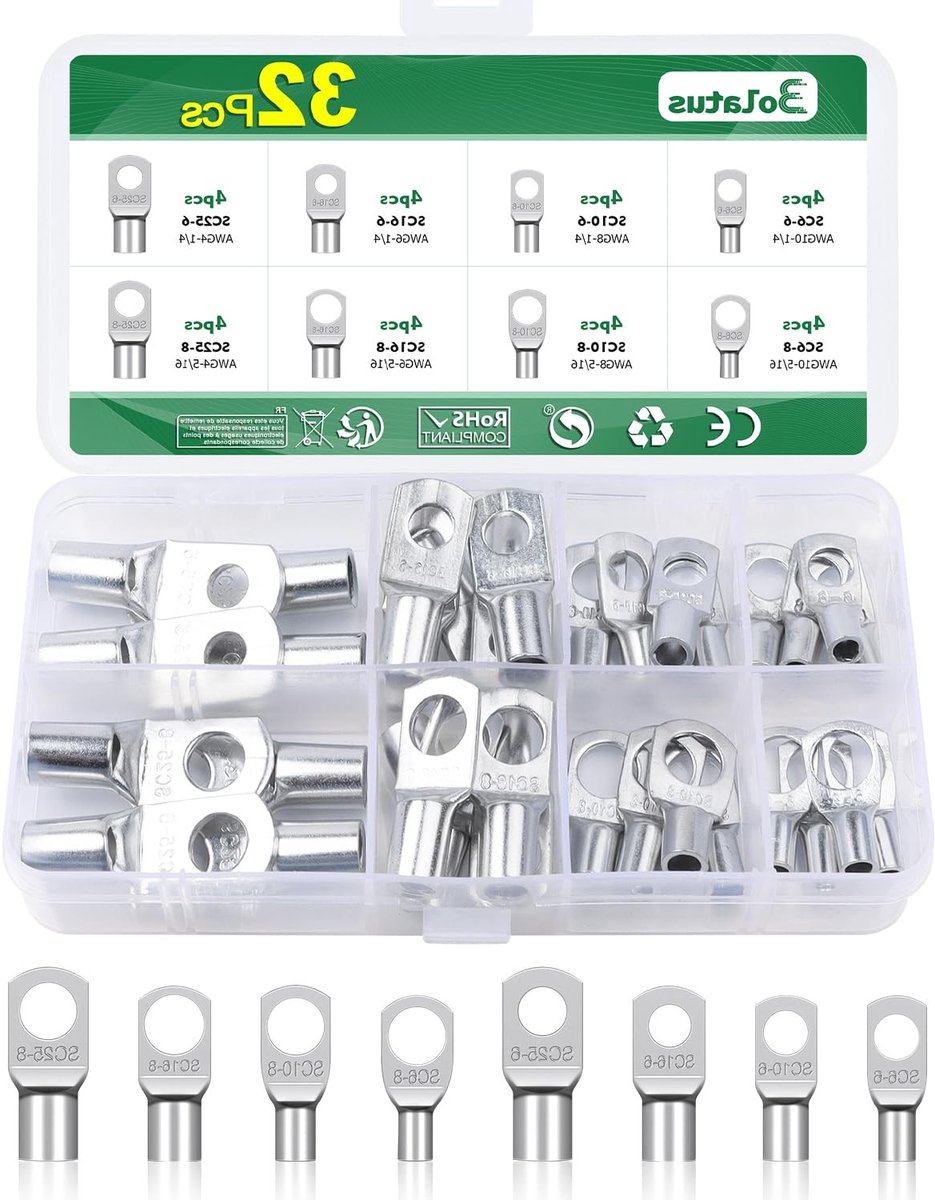32 x Kabelogen, Kabelschoen 6 mm², 10 mm², 16 mm², 25 mm², Verzilverd Koper, Voor Auto Ringogen M6, M8, Duurzaam en Betrouwbaar