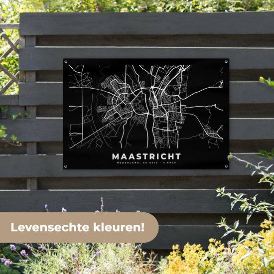 Tuinposter 120x80 cm - Tuindecoratie Kaart - Maastricht - Zwart - Poster voor in de tuin - Buiten decoratie - Schutting tuinschilderij - Tuindoek muurdecoratie - Wanddecoratie balkondoek