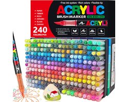 PromoHome 240 Kleuren Acrylic Penseel Markers Set, Paint Pennen Acryl Markers voor Steen, Hout, Glas, Keramiek, Stof, Watergedragen Acryl Verf Pennen met 1-5MM Flexibele Borstel Tip