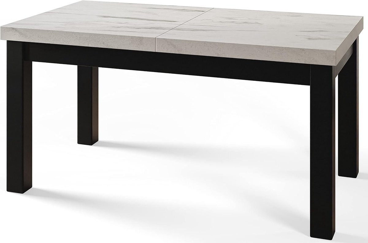 Uitschuifbare Eettafel 170-250 cm x 90 cm – Rechthoekige Tafel met Marmerlook Tafelblad & Zwarte Houten Poten – Moderne Design Eetkamertafel – 6-10 Personen – Krasbestendig – Laura