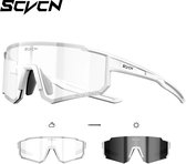 SCVCN® S1412-PH-08 Fotochromisch Fietsbril voor Wielrenners, Mountainbikers | Sportbril |MTB | Sport Fiets Bril| Hardloopbril | Sportzonnebril | Skibril |Festival & Rave Bril |TR90 Wit Montuur |Transparant Lens kleur verandering naar Zwart Lens