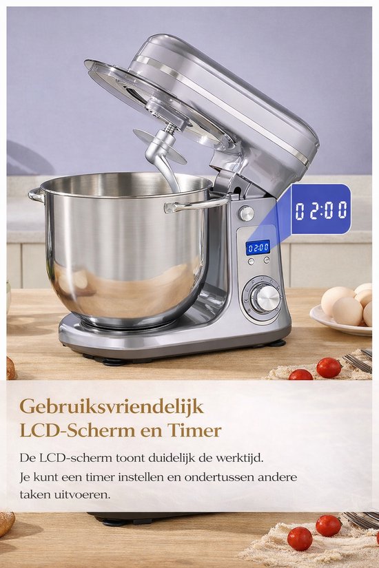 Sello! keukenmachine - krachtige stille motor - deeg kneden - mixer - kloppen - 6 snelheden - 1200w - 6l - grijs van Merkloos — afbeelding 2