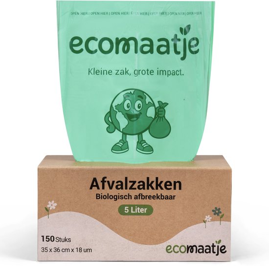 Boîte en carton marron avec un sac poubelle vert biodégradable qui en sort. Les textes "Afvalzakken" et "ecomaatje" y figurent.