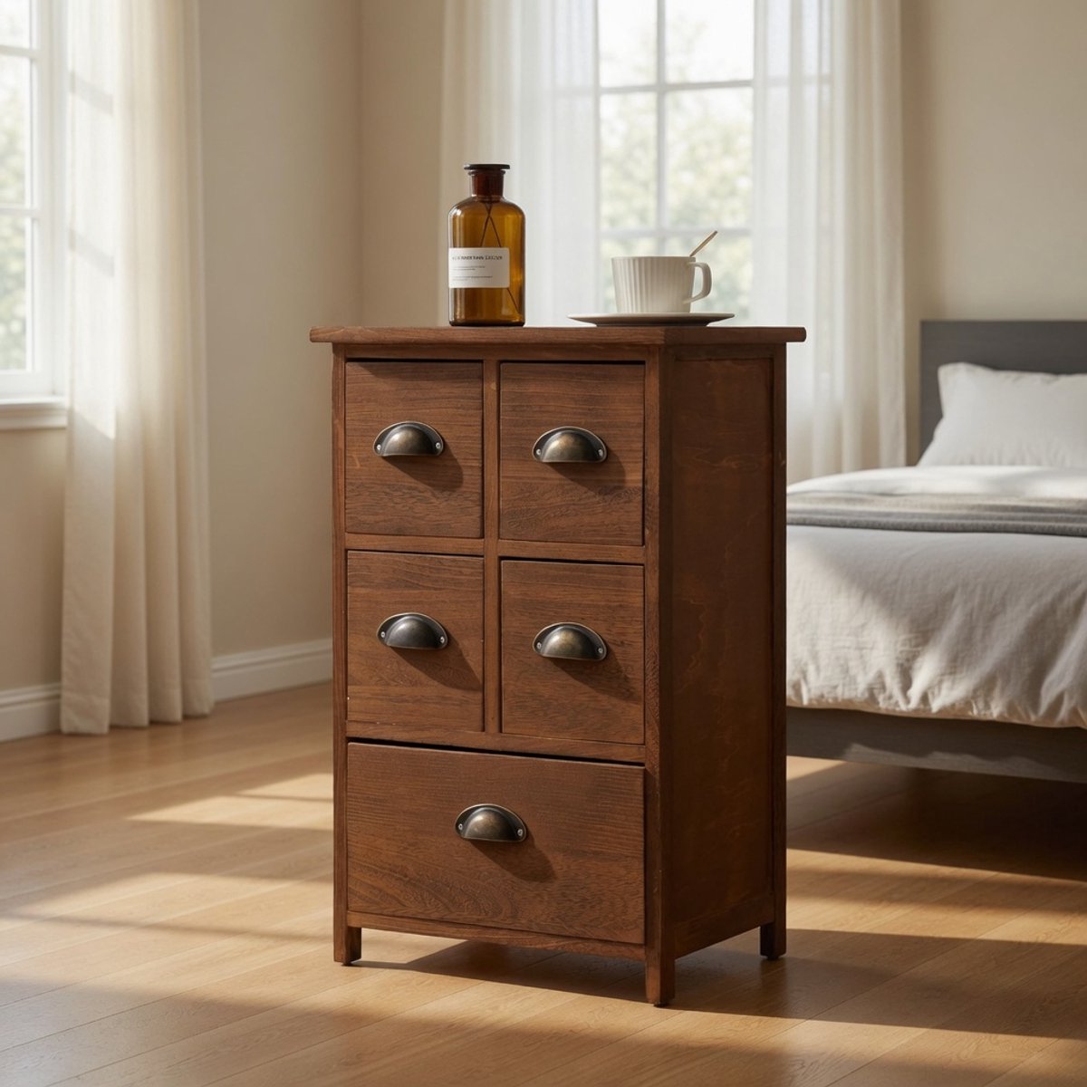 Vintage Houten Ladekast met 5 Lades – Compacte Commode in Bruin Landelijk Design – Opbergkast voor Slaapkamer, Badkamer en Hal – Kant-en-Klaar Gemonteerd – Mobili Bella