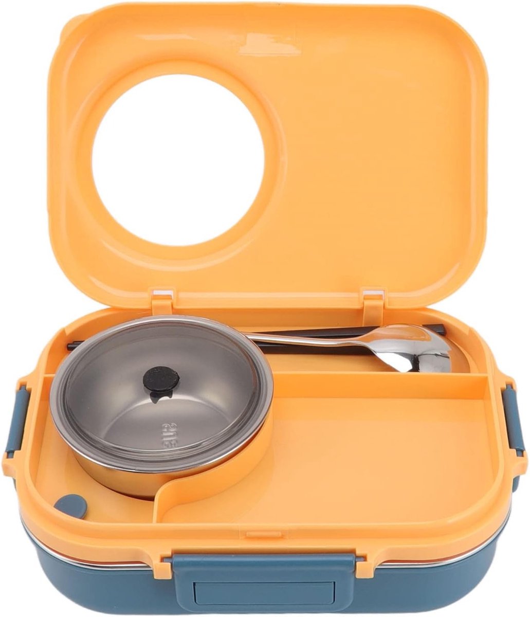Dubbele Laags Bento Lunchdoos van 1100ml met 3 Compartimenten, Roestvrijstalen Thermos Lunchbox voor Kinderen, Studenten en Volwassenen, Inclusief Lepel en Soepkom (Blauw Geel)
