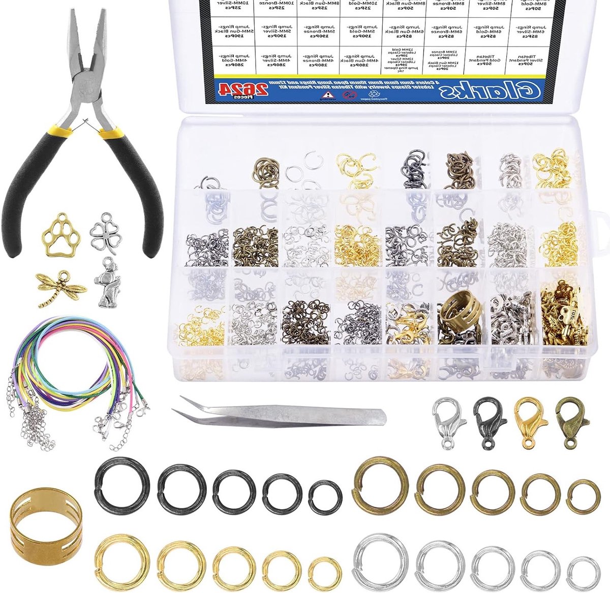 2723 Stuks Open Jump Rings en Lobster Clasps Kit voor Sieraden Maken en Repareren met Tangen en Gewaxte Keten