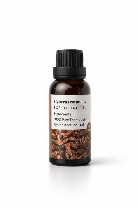 Een fles Puloty Cyperus Rotundus Essentiële Olie, met een etiket waarop ingrediënten staan vermeld, staat op een witte achtergrond.