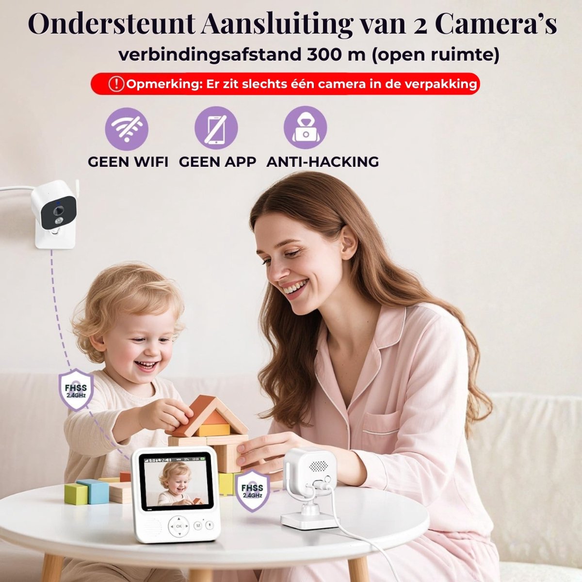 Babyfoon met camera 720p IPS-video, babyfoon zonder wifi, 2000mAh-batterij, VOX-modus, nachtzicht, temperatuuralarm, intercomfunctie, digitale zoom, 8 slaapliedjes en 5 wekkers. thumbnail 6