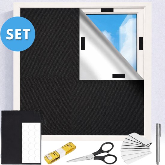 Zwarte raamfolie, schaar, rolmaat, plakstrips en pen. "SET" staat in blauwe cirkel.