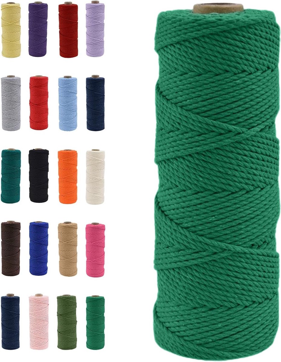 Natuurlijke Katoenen Macrame Touw van 100 Meter in Smaragdgroen voor DIY Creaties, Macrame Kunst en Cadeauverpakking