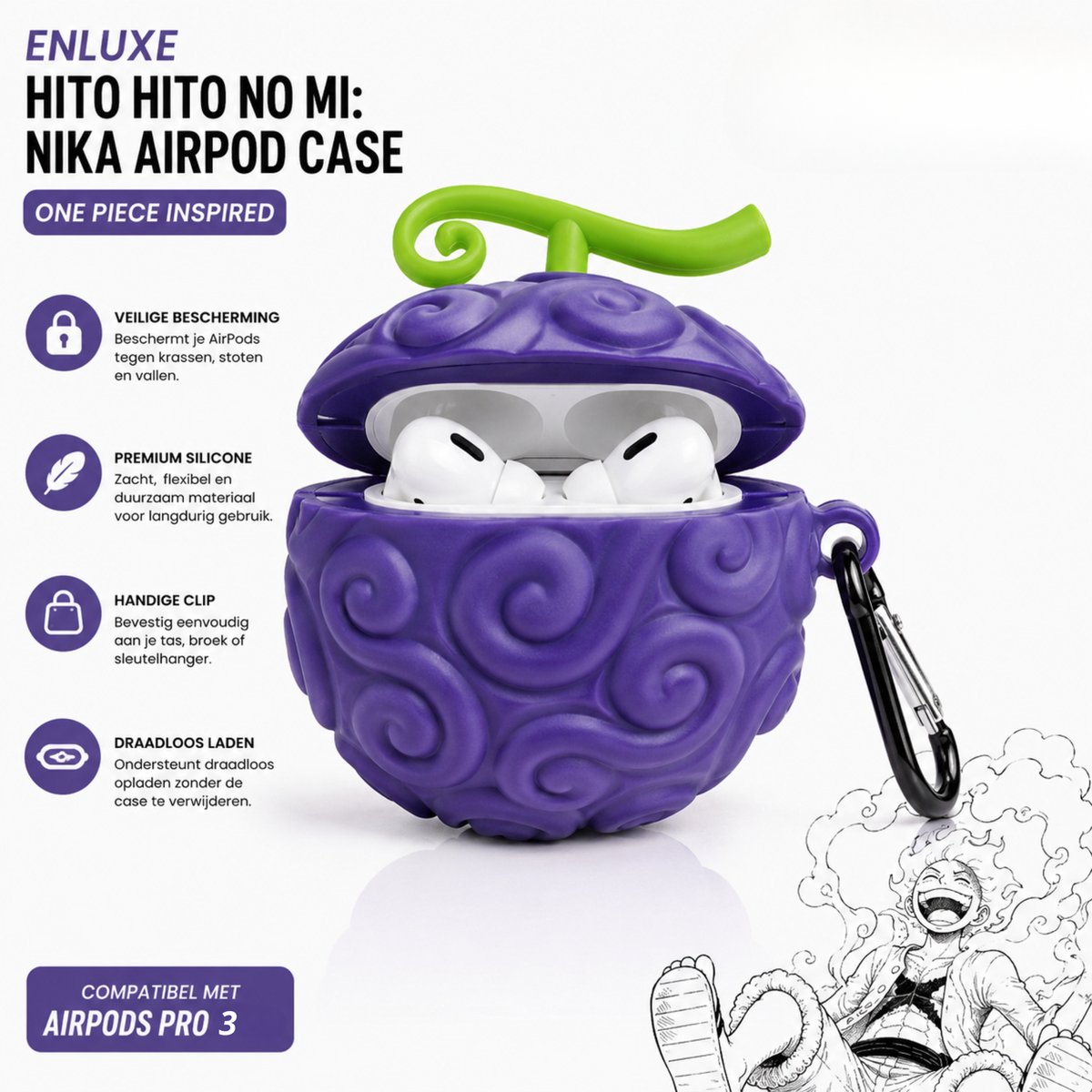 Enluxe - ''Geschikt voor'' AIRPODS PRO 3 - Hito Hito no Mi: Nika AirPod Case hoesje - One Piece Inspired Devil Fruit Design - Monkey D. Luffy Anime