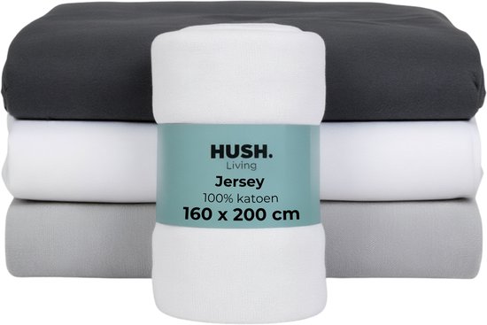 HUSH Living Hoeslaken jersey - 100% katoen - 160 grms - kreukvrij & strijkvrij - rekbaar - lekker warm - 160x200+30cm - wit