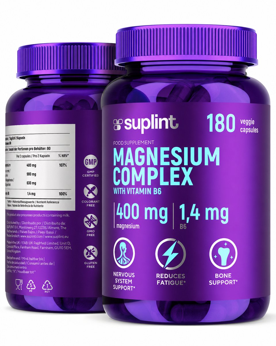 Magnesiumcomplex 400 mg – bisglycinaat + citraat met vitamine B6 – hoog gedoseerd en laboratorium getest – voor zenuwen, spieren en energie – veganistisch, zonder toevoegingen – 180 capsules -Suplint