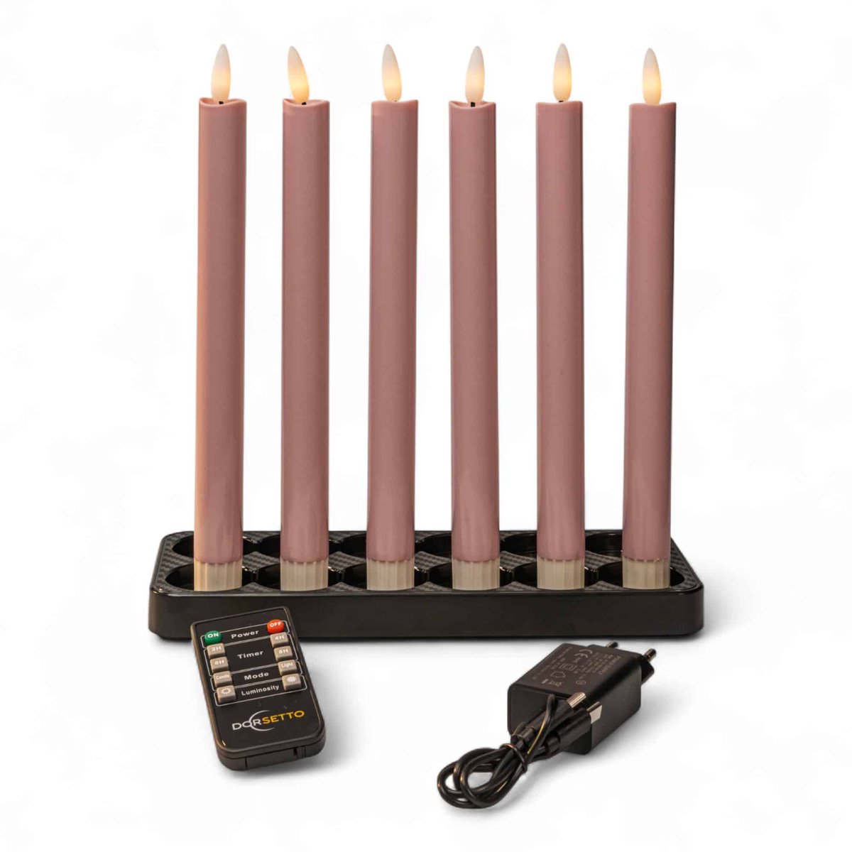 LED dinerkaarsen roze 250 mm, oplaadbaar, tot 400 uur brandduur, set van 6