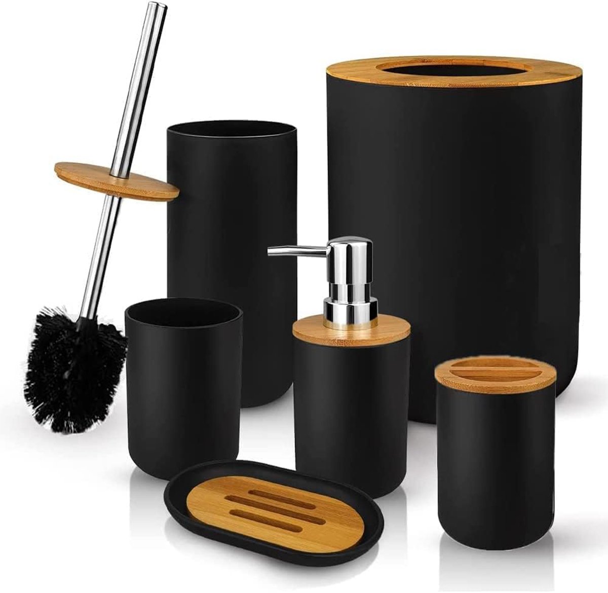 6-delige Badkamer Accessoire Set – Bamboe Stijl Toiletset met Prullenbak, Zeepdispenser & Toiletborstel – Zwart