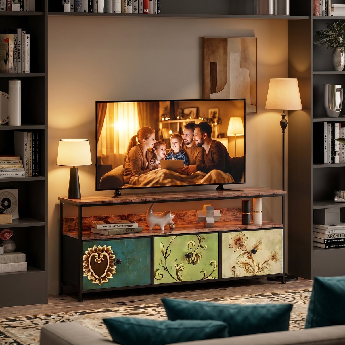 TV-Standaard, LED TV-Standaard, Hoge TV-Kast, TV-Standaard Opbergruimte, 3 Stoffen Lades, Geïntegreerde Opbergoplossingen, Geoptimaliseerde Kijkervaring Verbeterde Esthetiek (Kleurrijk,137 cm)