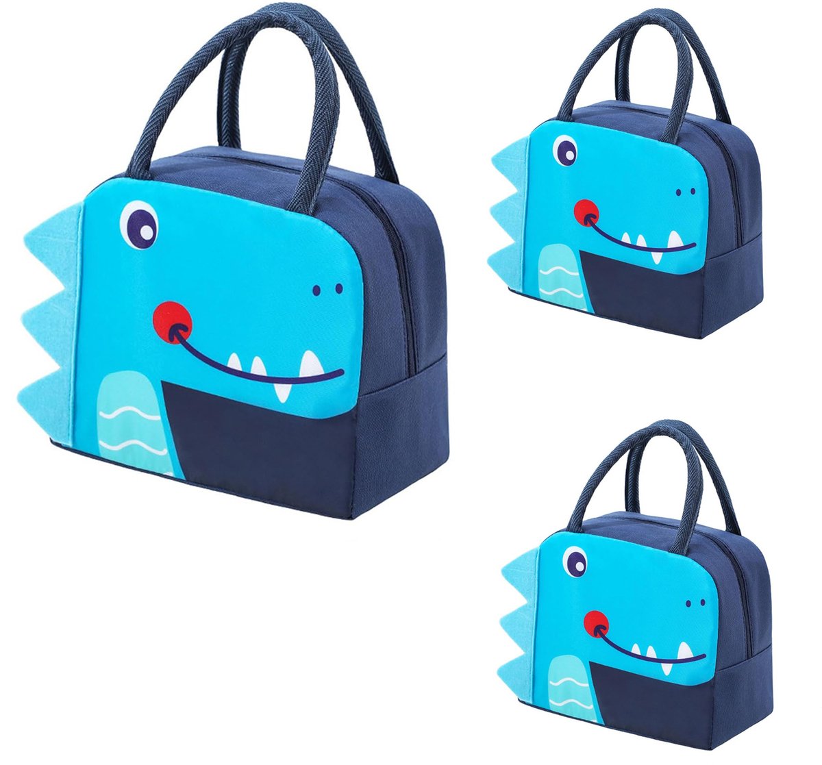 Lunchtas - Kinderlunchtas - Unisex - Herbruikbaar - Cartoonprint - Compact en draagbaar - Opvouwbaar - Waterdicht - Perfect voor reizen, picknicks en school - Donkerblauw - 3 artikelen