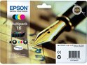 Epson 16 Multipack inktcartridges met een gouden vulpen. De kleuren zwart, cyaan, geel en magenta zijn zichtbaar.