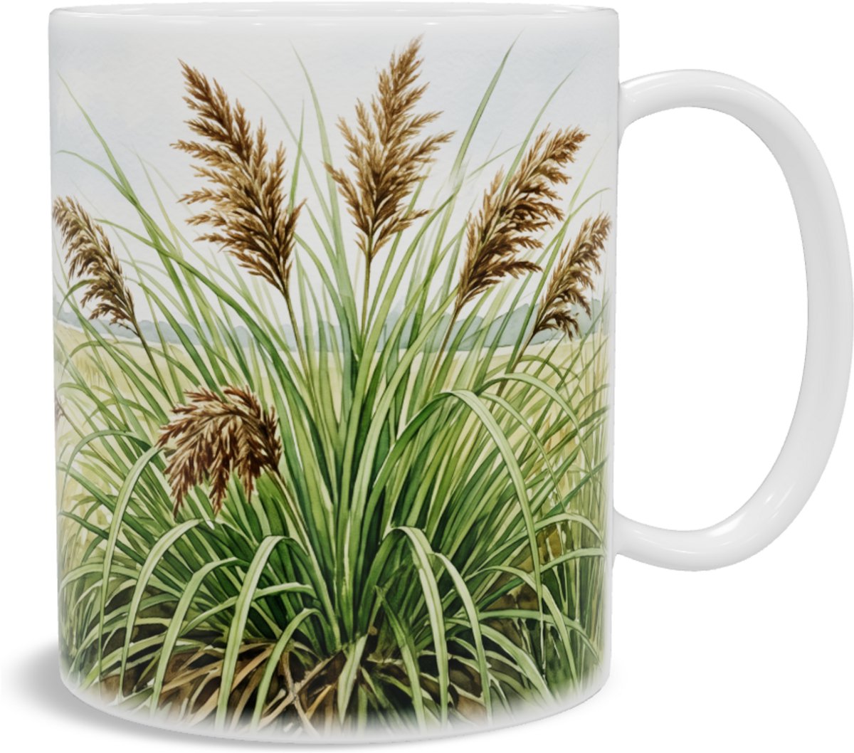 Mok met Pluimzegge - Aquarel illustratie van de Carex paniculata in een weids landschap