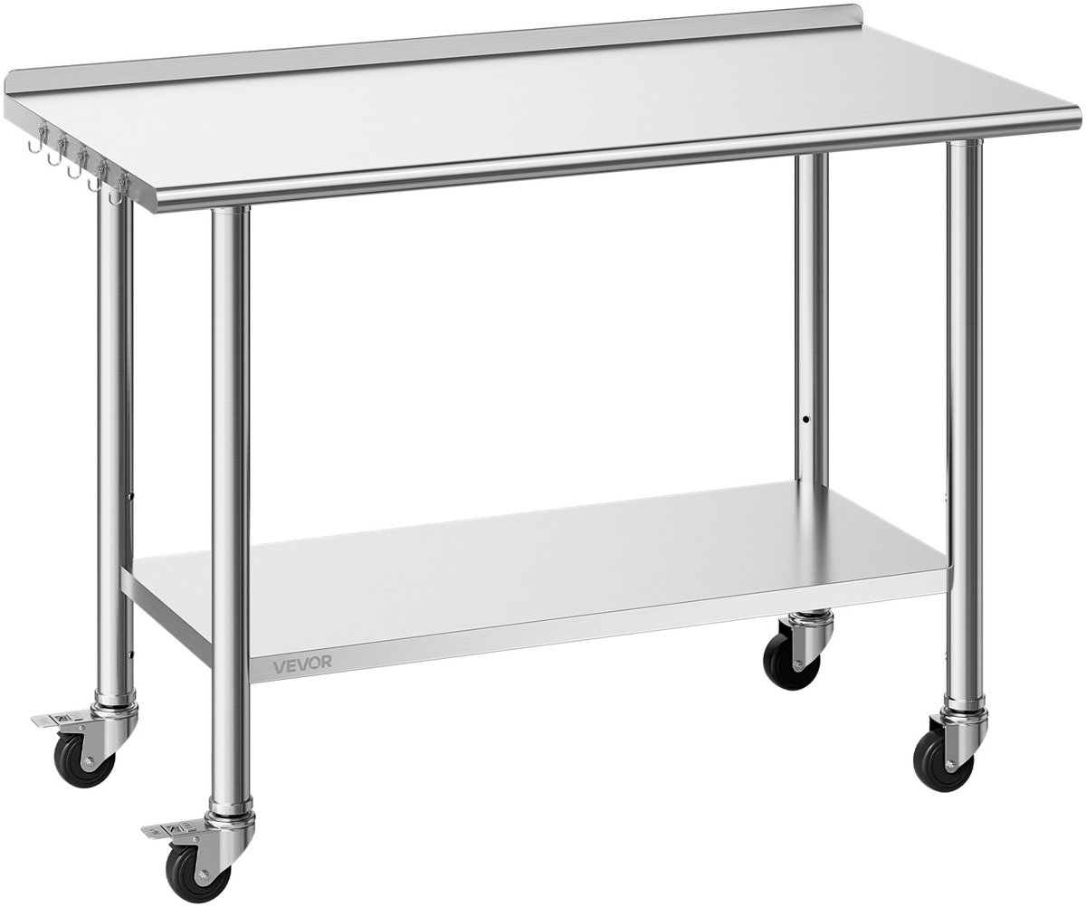 Vevor Roestvrijstalen Tafel voor de Horeca, 1220 X 610 X 894 mm, Verstelbare Roestvrijstalen Tafel met Wielen, Opstaande Rand (30 mm), Werktafel met Onderblad voor Restaurants, Bovenblad (245 kg), Onderblad (204 kg) Zilver