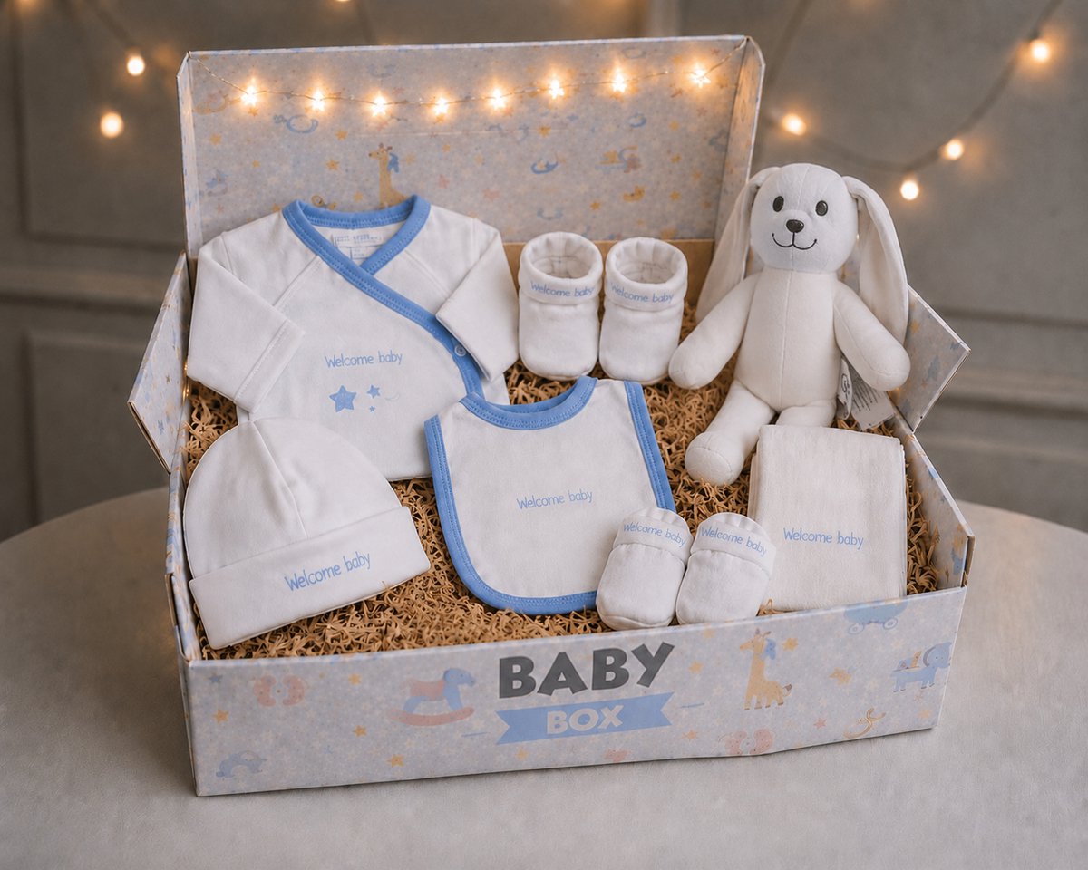 Blijeitje - Kraamcadeau jongen - Luxe 7-delige babycadeauset - Met Blauw Mutsje, Krabwantjes, Slofjes, Overslagromper, Spuugdoekje, Slabbetje & Knuffel konijn - Welkom design