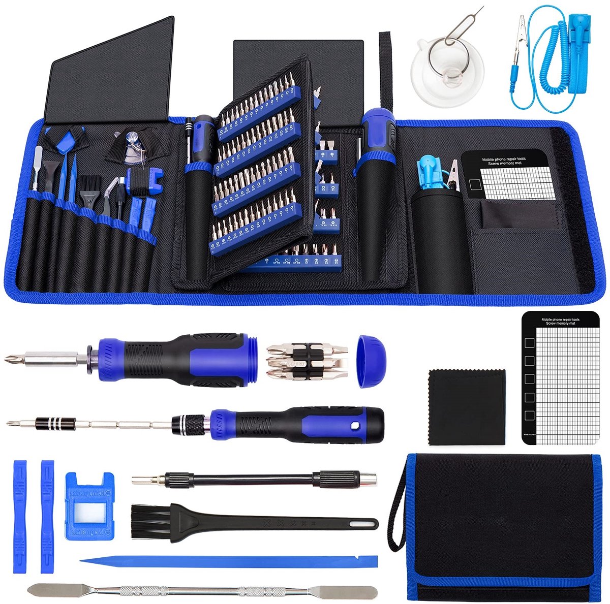 carmdering - Schroevendraaierset - Bitset - Reparatieset - 164 delig, 4mm en 1/4 inch, veiligheidsbits, 60HRC chroomvanadium - Met 27 gereedschappen, ESD polsband - Voor elektronica, HVAC, auto's - Incl. opbergtas - Blauw
