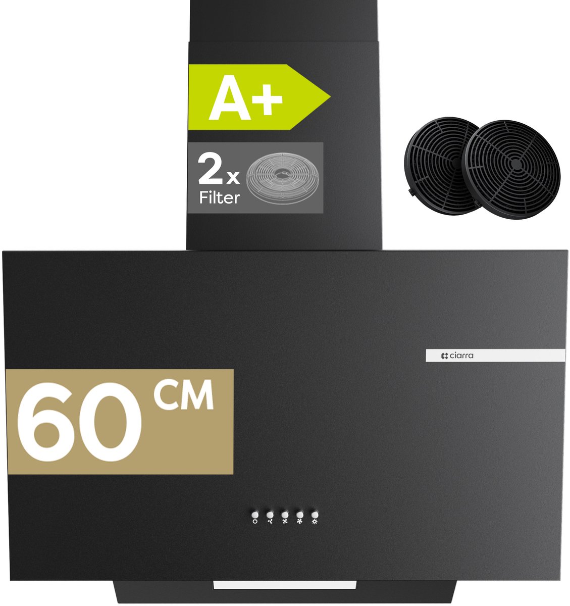 CIARRA VMB6765A - A+ 580 m³/u Schuine Afzuigkap 60 cm Wandkap met LED 3 Standen zwart