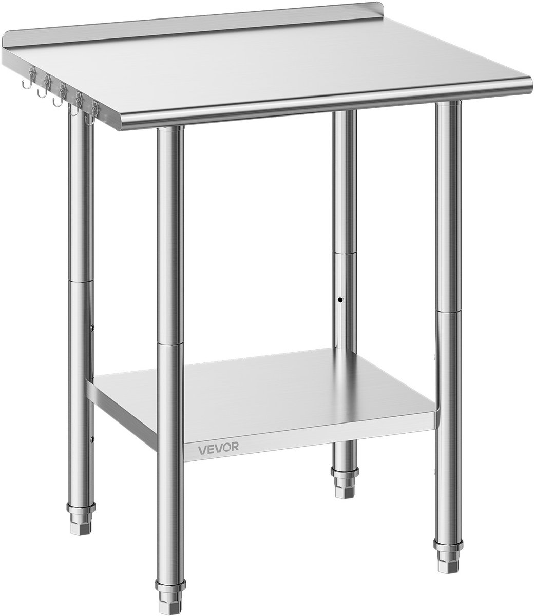 Vevor Roestvrijstalen Tafel voor de Horeca, 762 X 610 X 894 mm, Verstelbare Roestvrijstalen Tafel met Opstaande Rand, Werktafel met Onderblad voor Restaurants, Zwaar Uitgevoerd, Bovenblad (204 kg), Onderblad (168 kg) Zilver