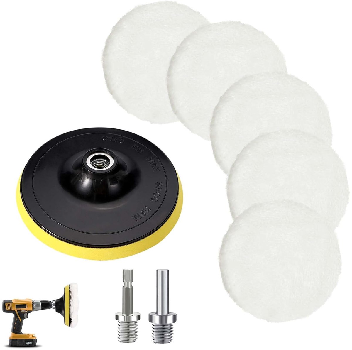 wollen polijstpads, polijstschijven, adapters met M10- en M14-boorbits en klittenband autopolijstpads (150 mm) Geschikt voor slijpen en polijsten.