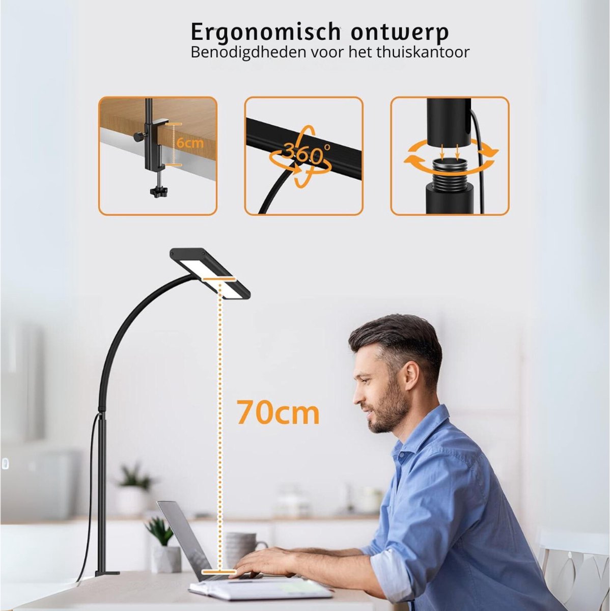 TIM® Bureaulamp led dimbaar daglicht - USB oplaadbaar - 10 kleurenfuncties - Daglichtlamp - met Afstandsbediening - Lichttherapielamp - Hobby lamp voor schilderen, puzzelen – UV-Vrij - Tafellamp/lamp staand - Zwart - ‎5cm x 40cm x 70cm thumbnail 8