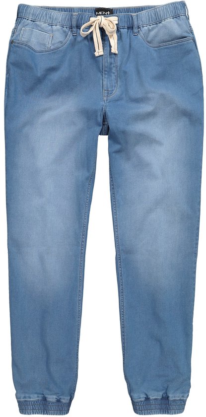 Lichtblauwe spijkerbroek met een trekkoord, elastische tailleband en geribbelde broekspijpen.