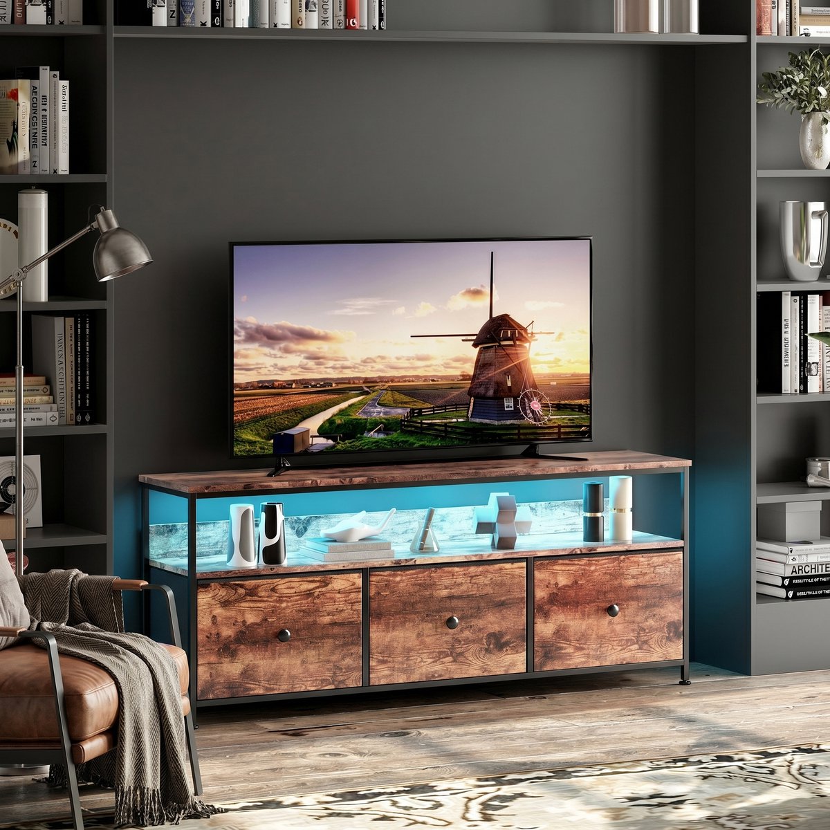 TV-Standaard, LED TV-Standaard, TV-Standaard Opbergruimte, 3 Stoffen Lades, Geïntegreerde Opbergoplossingen, Geoptimaliseerde Kijkervaring Verbeterde Esthetiek (Tijgerstrepen, 108cm)