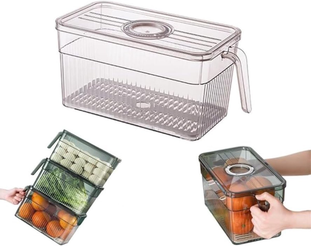 VHV - Koelkast organizer - Vershoudbakjes - Koelkast opbergdoos - Met handvat - Transparant - Stapelbaar - Voor groente en fruit - Keuken organizer - 13*13*28cm - Grijs