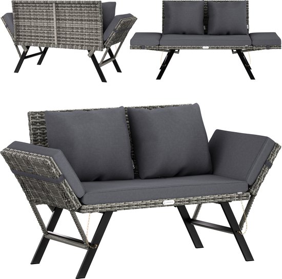 Casaria Polyrattan Tuinbank – 176 cm Verstelbaar Incl. Kussens – Zwart