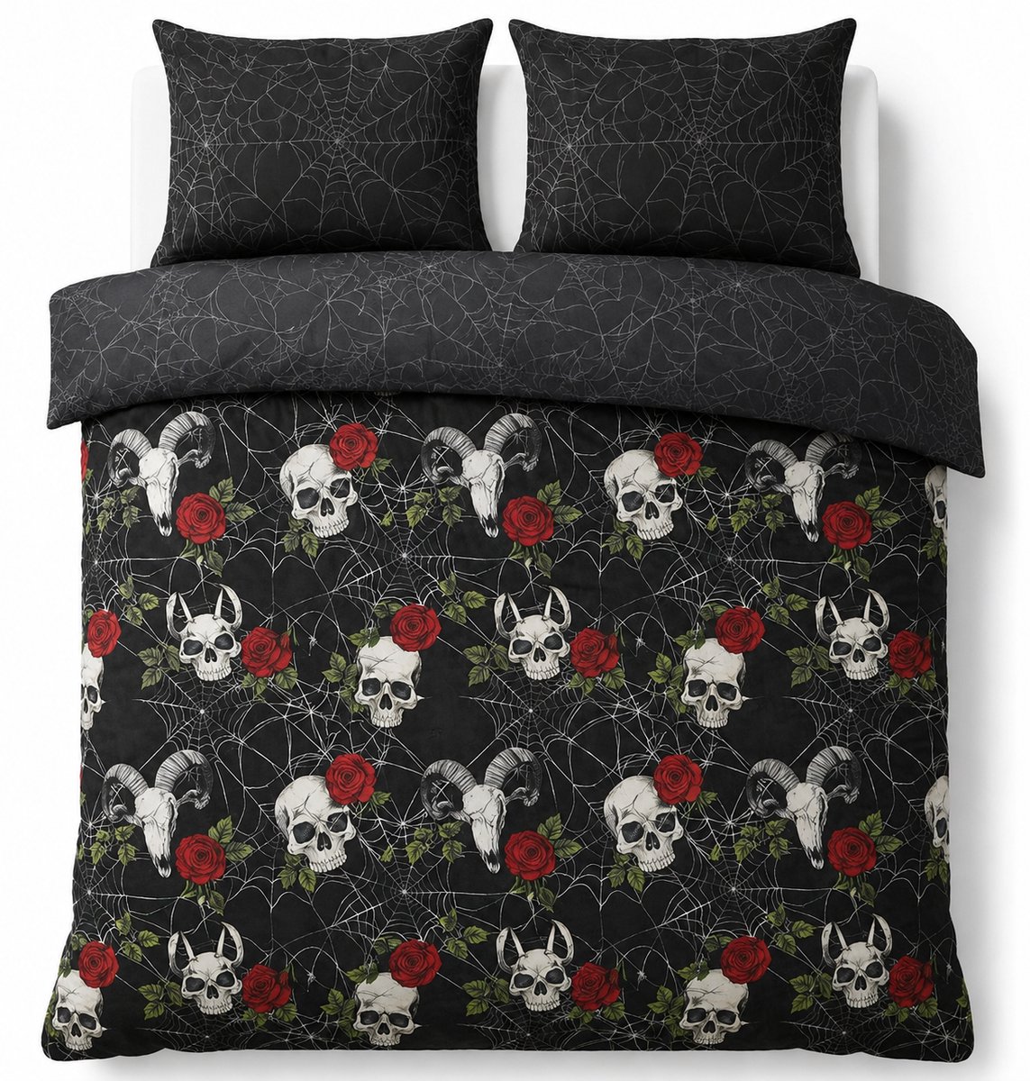 Decoware Dekbedovertrek Skulls & Roses 200x220 cm - Microvezel - Met Kussenslopen - Tweepersoons - Gothic & Dark Thema