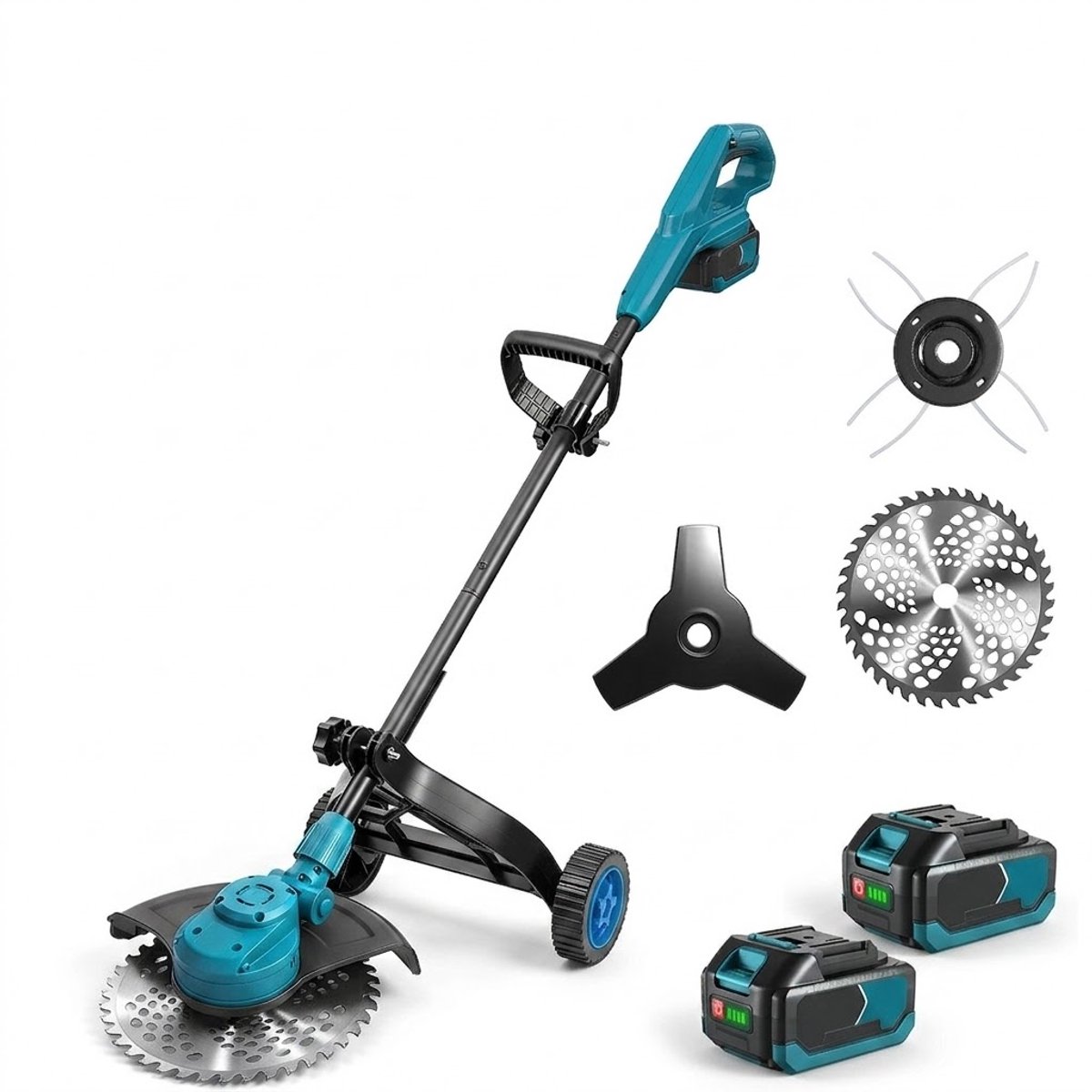 Accu Grastrimmer Borstelloze Motor 18V Compatibel met Makita Batterij - Draadloze Grasmaaier 25 cm Maaibreedte met 3 Meskoppen en Nylon Wielen - 58000 RPM - 120 cm
