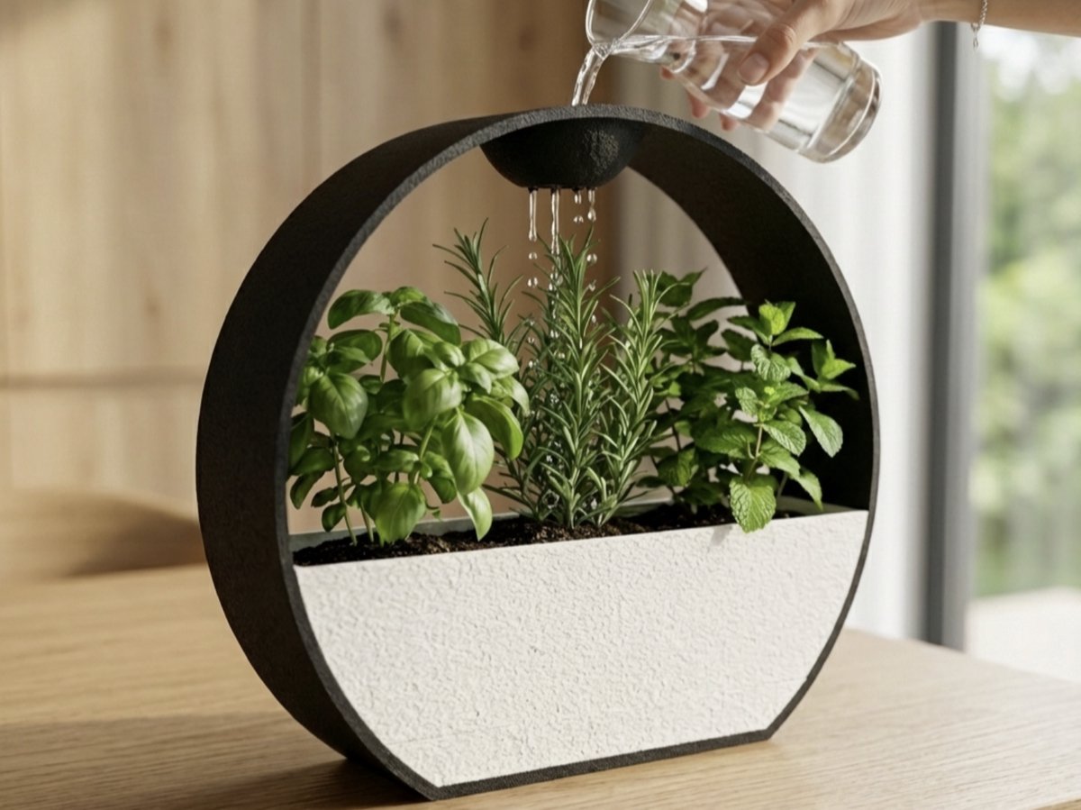 DRIPA Slimme Kruidenbak – 3D Geprint van Bio-Based PLA | Ingebouwd Bewateringssysteem | Kruidenpot | Plantenbak met lekbakje voor op het aanrecht