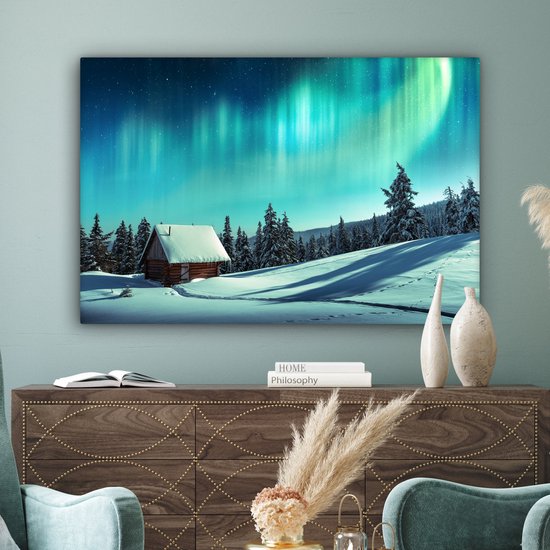 Tableau sur toile Aurores boréales - Neige - Maison - Hiver - 120x80 cm - Décoration murale