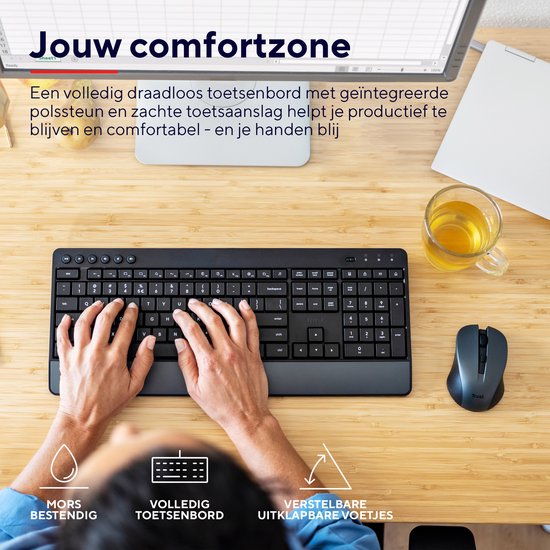 Trust Trezo - Draadloze Toetsenbord en Muis set - Met polssteun - Vlakke toetsen - Qwerty US - Zwart