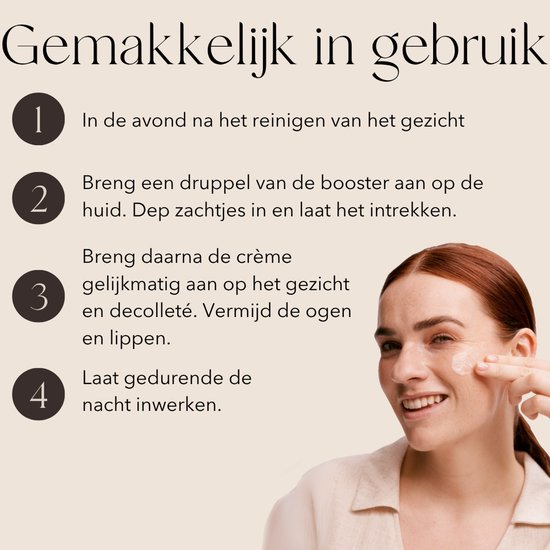 Een jonge vrouw met rood haar brengt een gezichtsbooster aan. Tekst: "Gemakkelijk in gebruik".